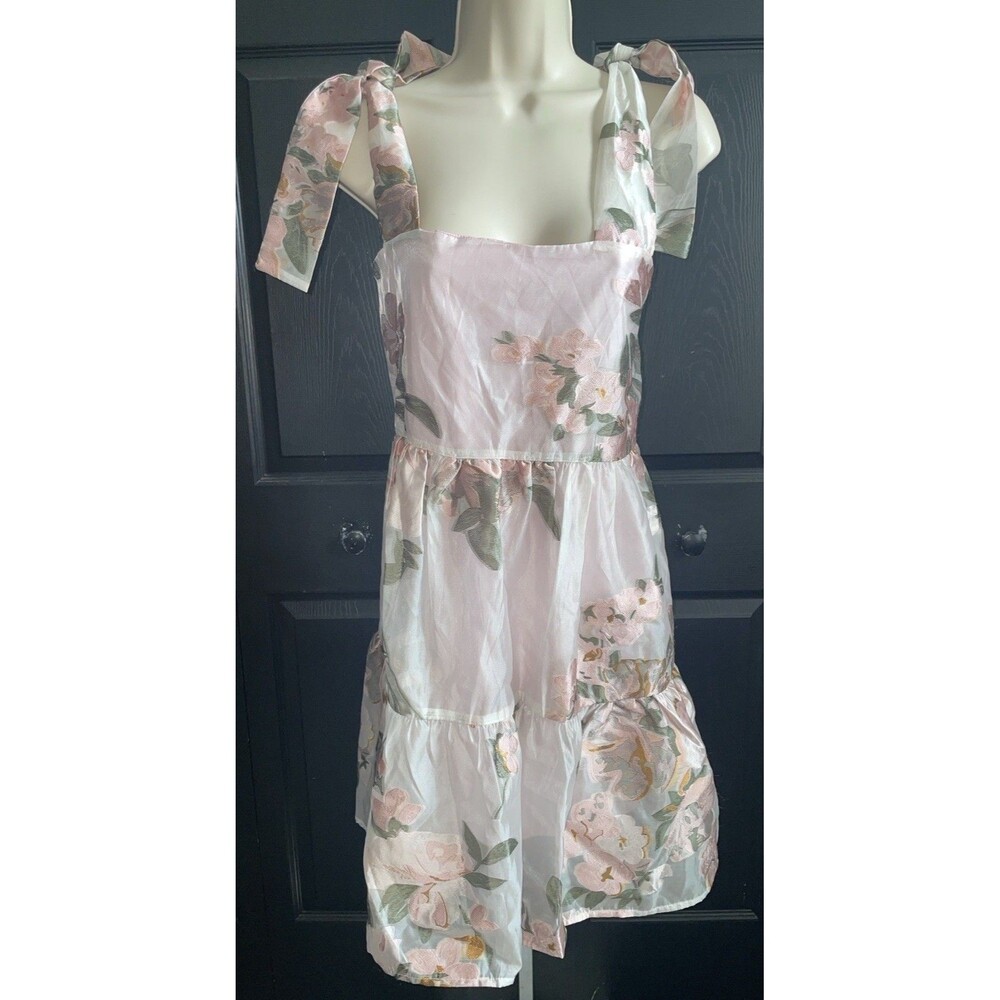 Sister Jane Floral Organza Midi Dress L Pink Tie Bow Tiered Cottagecore NWT